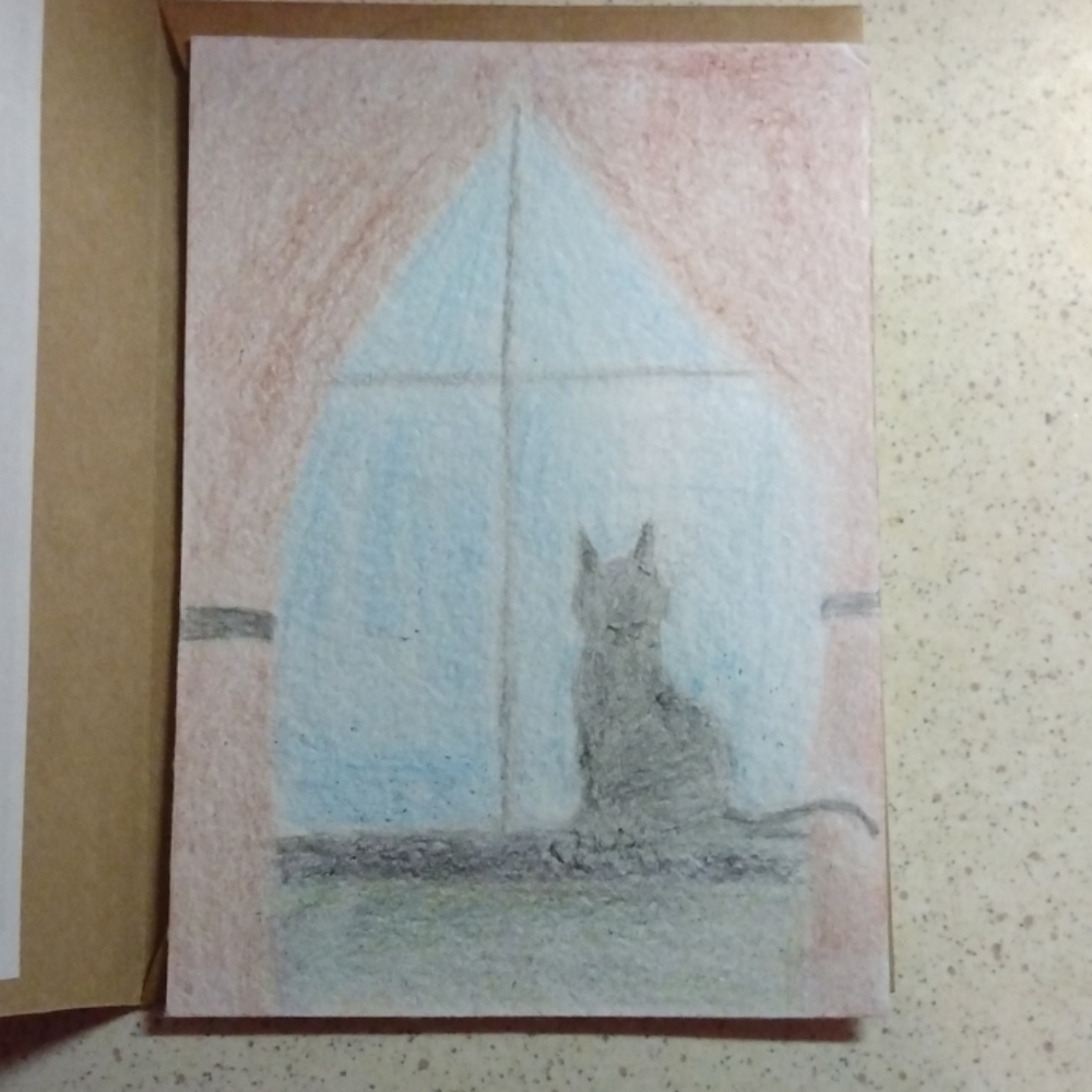 Cat in window drawing 5x7